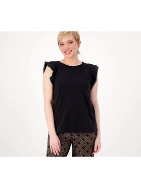 Isaac Mizrahi Live! Top Size 3X Crew Neck Ruffle Sleeve Pitch Black Minimalist